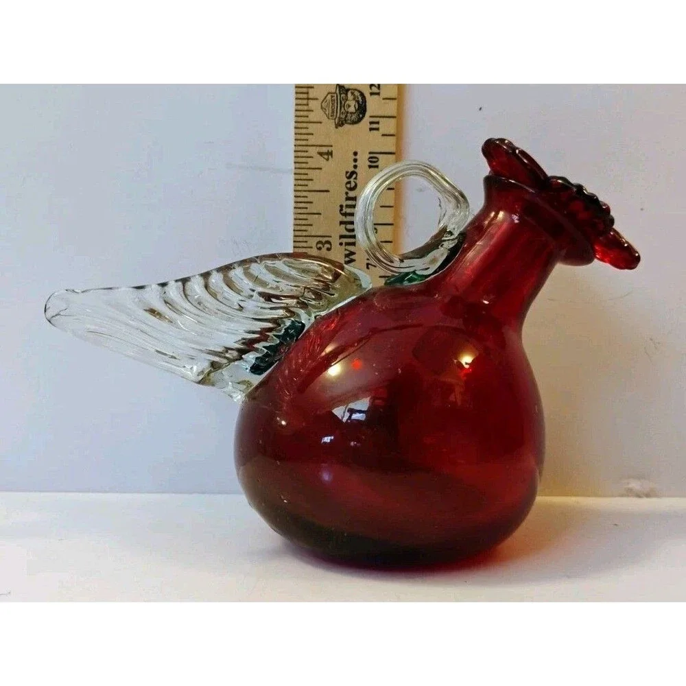 Vtg Pilgrim Glass Ruby Red Bird Pitcher Cruet Applied Clear Wing Handle Parasol